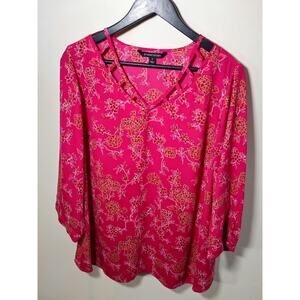 41 Hawthorn Stitch Fix Red Floral Blouse Womens 1X V Neck 3/4 Sleeve Top Career